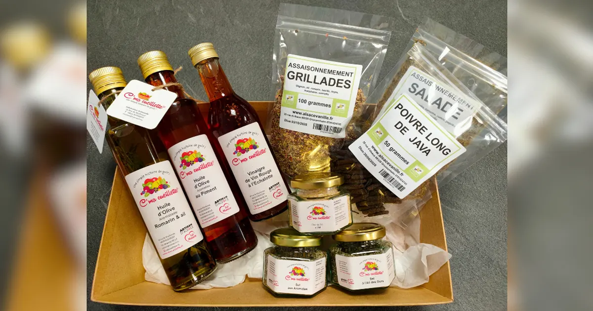 Coffret de produits pour barbecue : huiles, vinaigre à l'échalote, sels et épices, C'ma Cueillette